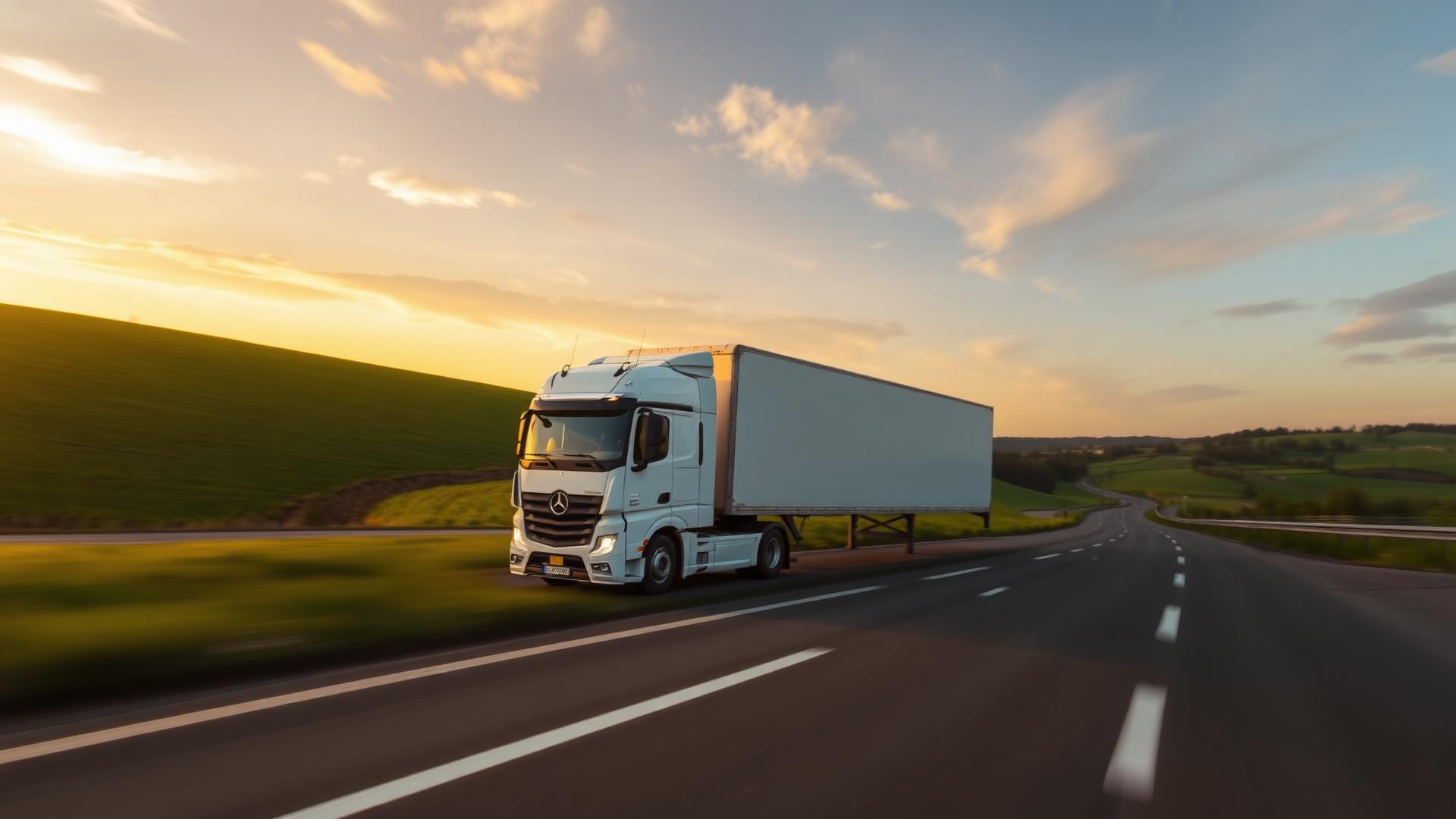 Lkw auf einer Autobahn bei Sonnenuntergang